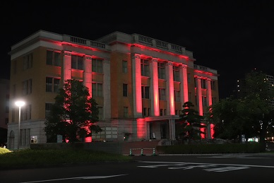 栃木県庁昭和館の赤ライトアップ